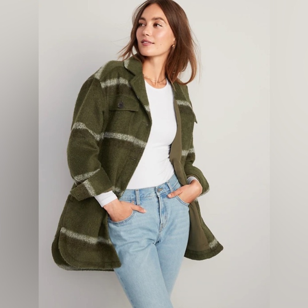 Old Navy Printed Flannel Long Utility Shacket Soft Brushed Green Plaid XS